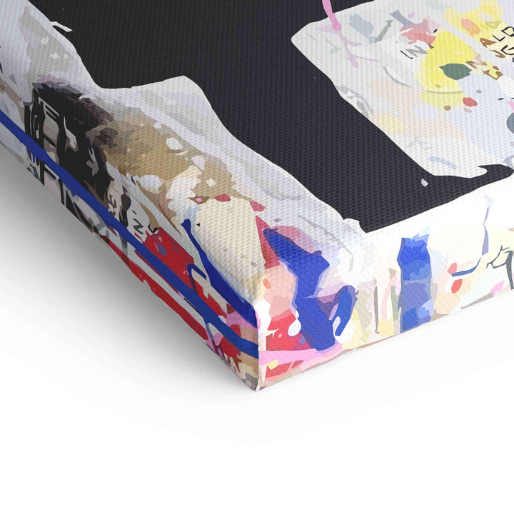 Detailansicht Pop Art Wandbild auf Leinwand mit buntem Banksy-inspiriertem Motiv