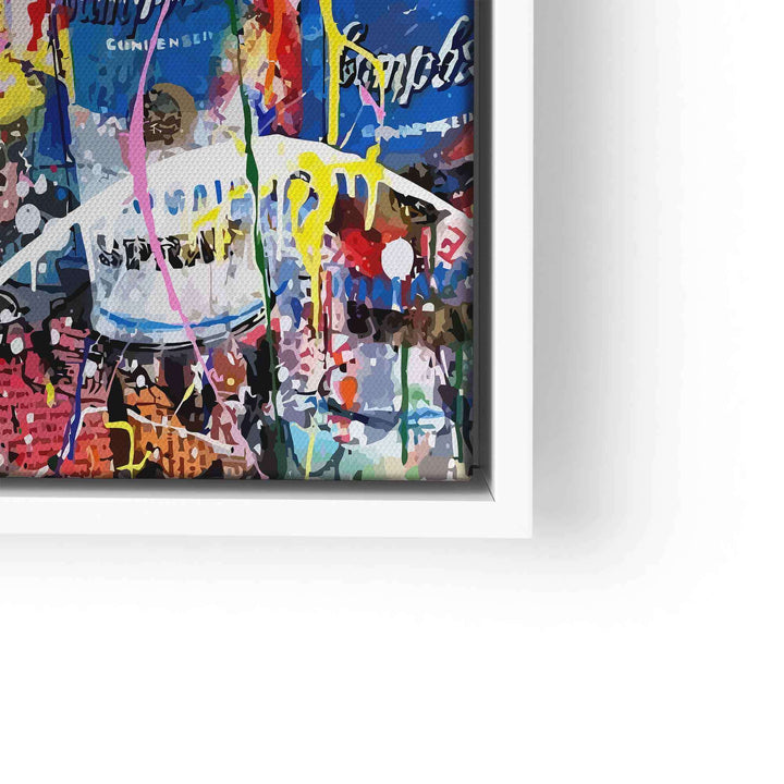 Pop Art Wandbild mit bunten Farbspritzern und Graffiti im weißen Rahmen