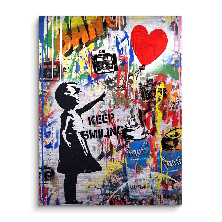 Pop Art Wandbild mit Mädchen-Silhouette, rotem Herz-Ballon, Sprühdosen und buntem Graffiti