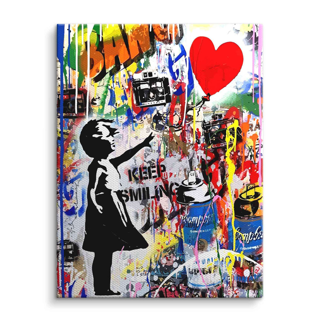 Pop Art Wandbild mit Mädchen, rotem Herz-Ballon, bunter Graffiti und Spruch Keep Smiling