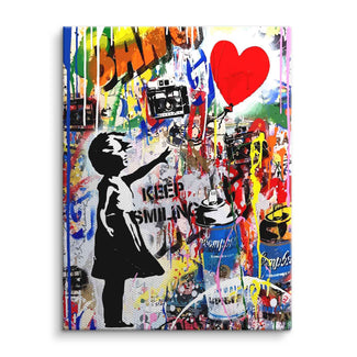 Pop Art Wandbild mit Mädchen, rotem Herz-Ballon, bunter Graffiti und Spruch Keep Smiling