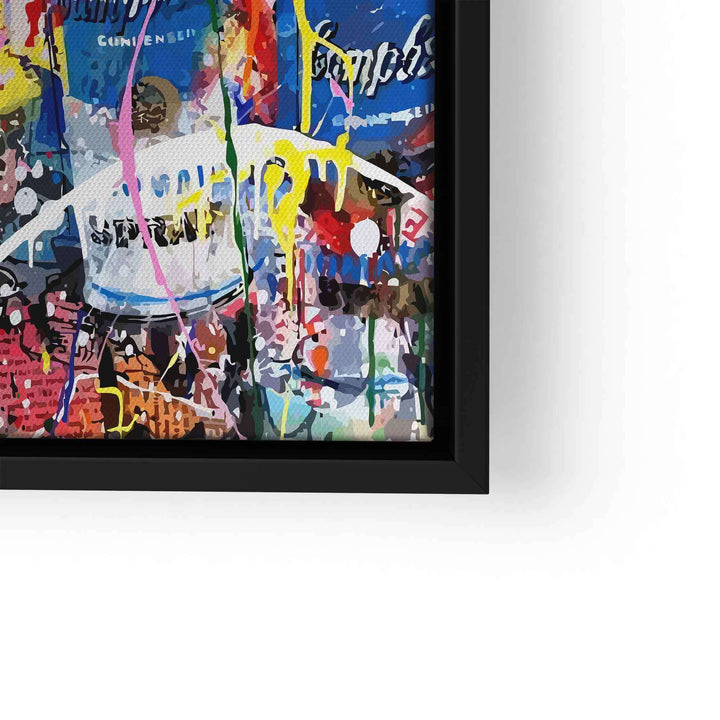 Pop Art Wandbild mit bunten Farbspritzern und Comic-Grafik in schwarzem Rahmen