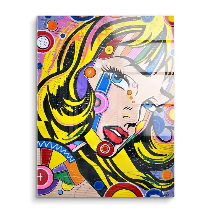 Pop Art Wandbild mit bunter Frau, Acrylglas, Comic-Stil, moderne Kunst, gelbe Haare