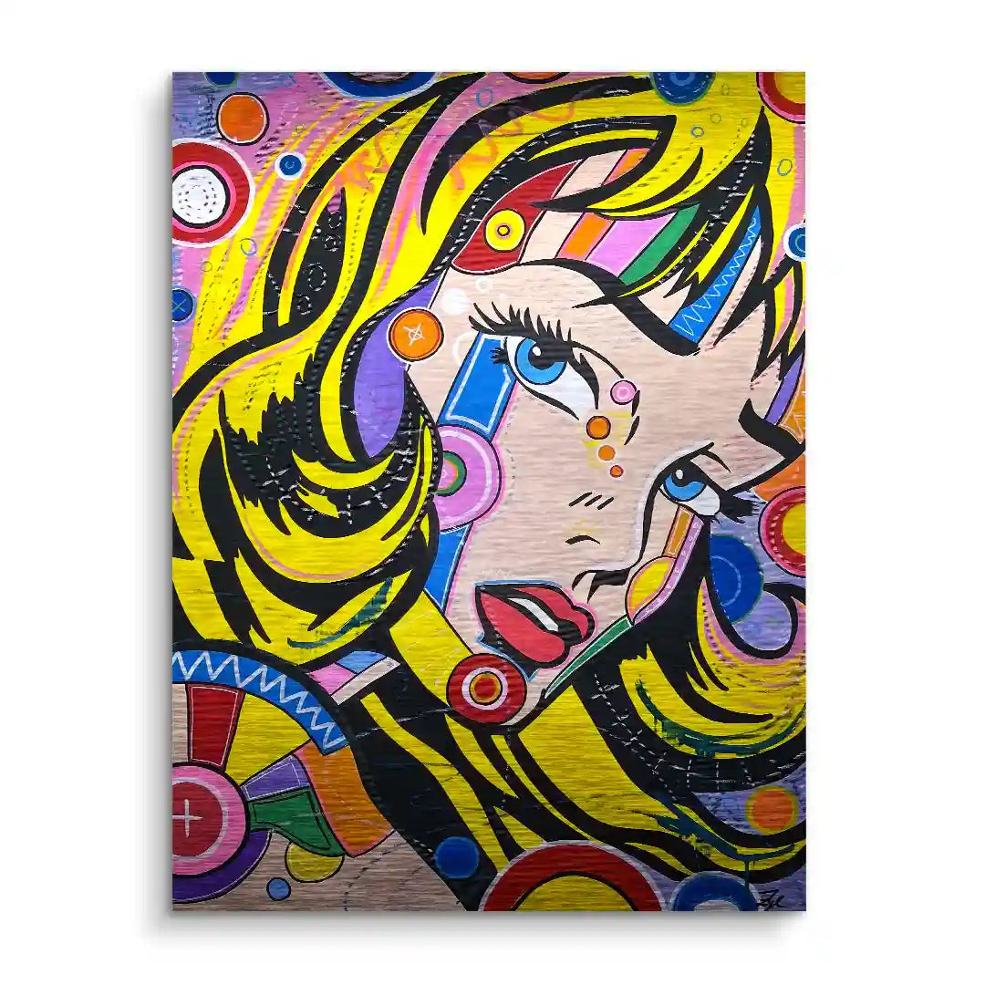 Pop Art Wandbild mit bunter, stilisierter Frauenfigur und abstrakten Mustern