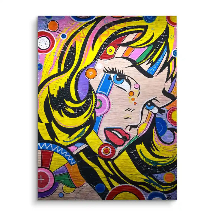 Pop Art Wandbild mit bunter, stilisierter Frauenfigur und abstrakten Mustern
