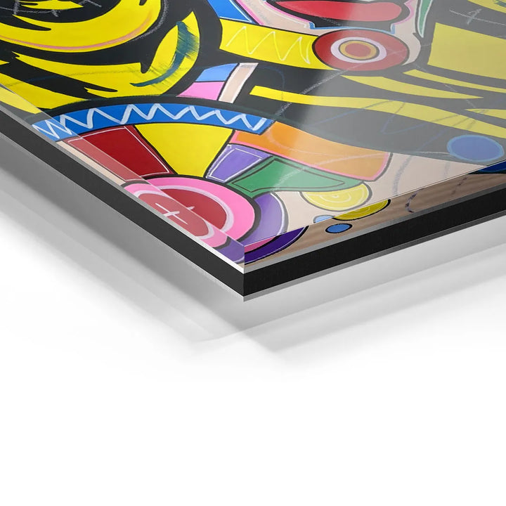 Detailaufnahme Pop Art Wandbild auf Acrylglas mit bunten, abstrakten Formen