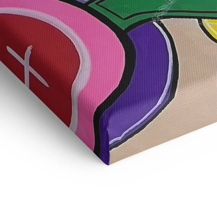 Detailansicht eines bunten Pop Art Wandbilds auf Leinwand mit kräftigen Farben und klaren Konturen