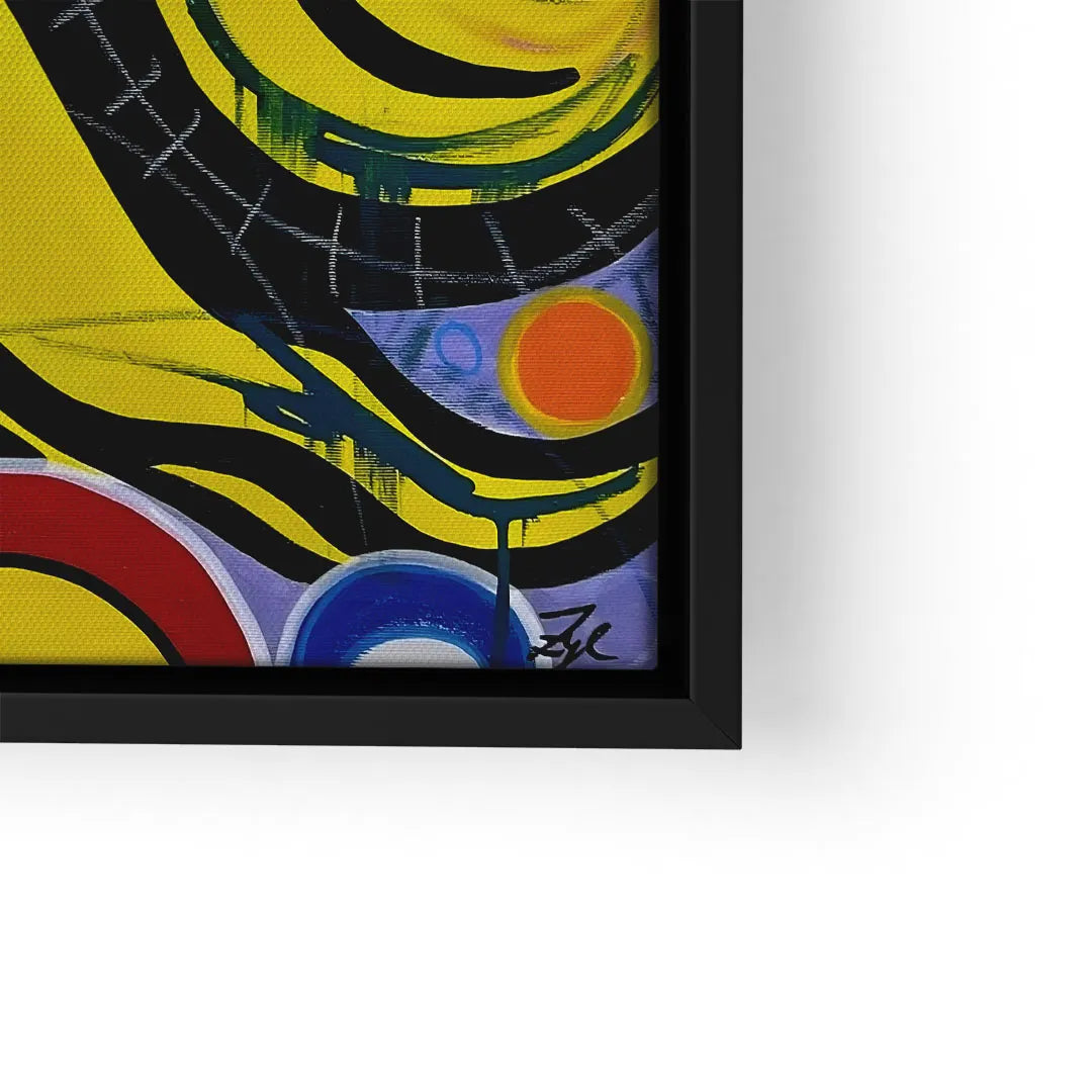 Modernes Pop Art Wandbild mit bunten Kreisen, geschwungenen Linien und abstrakten Mustern im schwarzen Rahmen