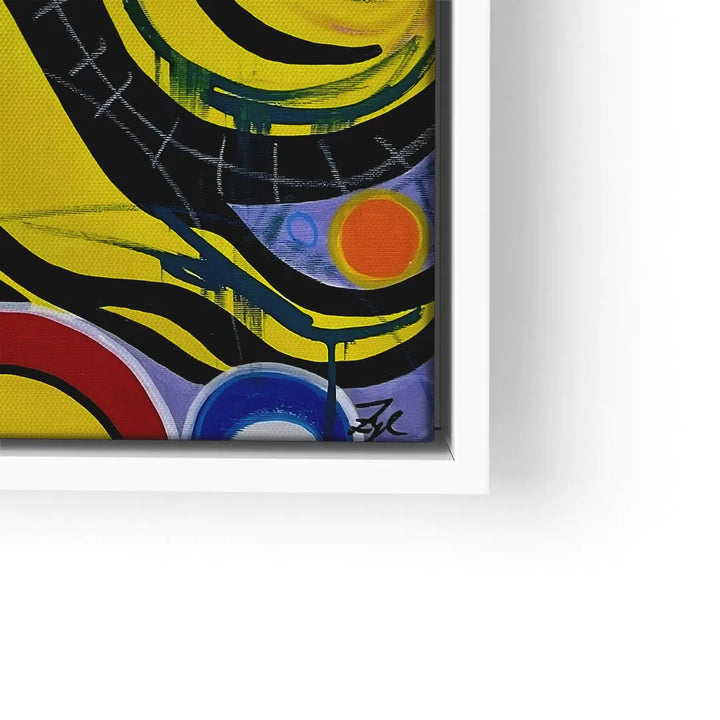 Pop Art Wandbild mit abstrakten bunten Formen, Gelb, Schwarz, Rot und Blau in weißem Rahmen