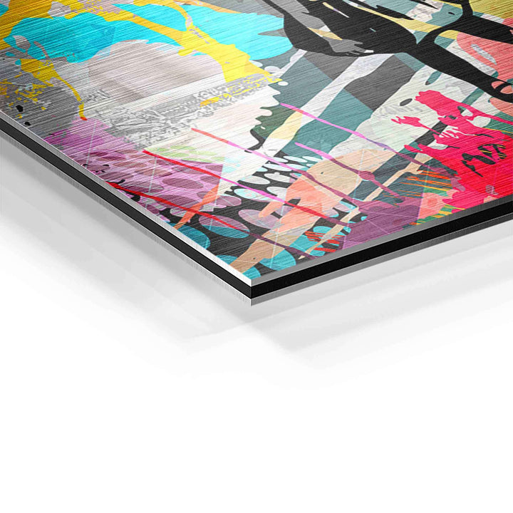 Detail eines modernen Pop Art Wandbilds mit bunten Farbflächen und gebürsteter Optik auf Aluplatte