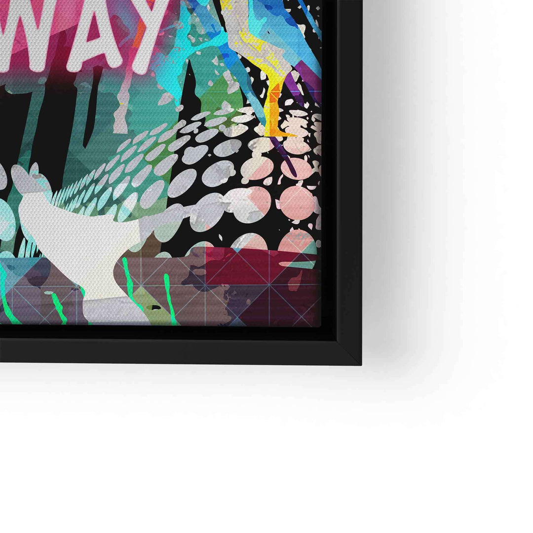 Modernes Pop Art Wandbild mit bunten abstrakten Formen und großen Punkten im schwarzen Rahmen