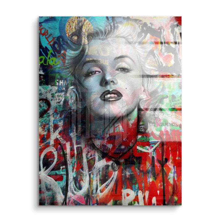 Pop Art Wandbild mit Frauengesicht, buntes Graffiti, Acrylglas, moderner Streetart-Stil