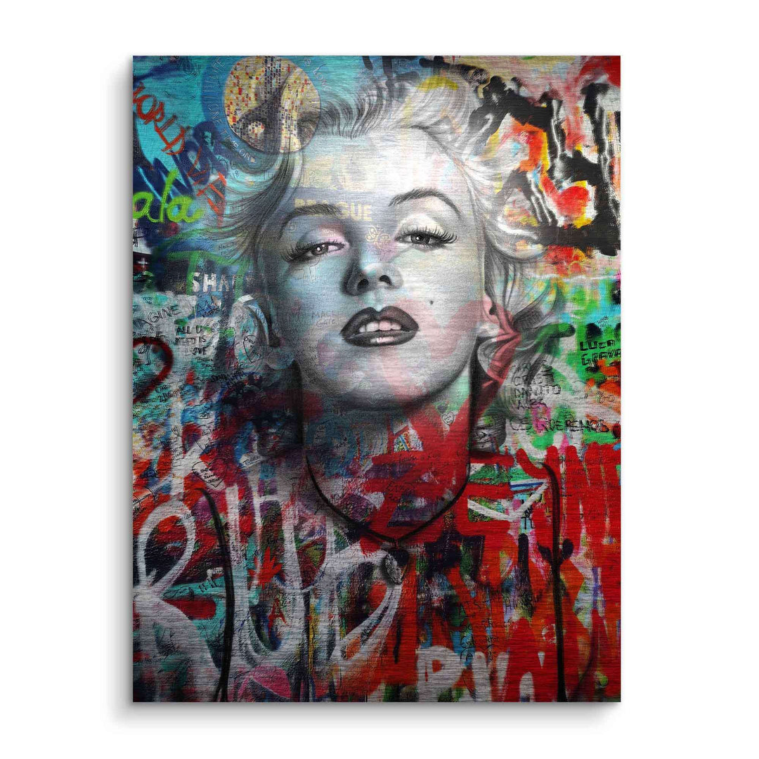 Pop Art Wandbild mit Marilyn Monroe Porträt, bunte Graffiti und Streetart Elemente