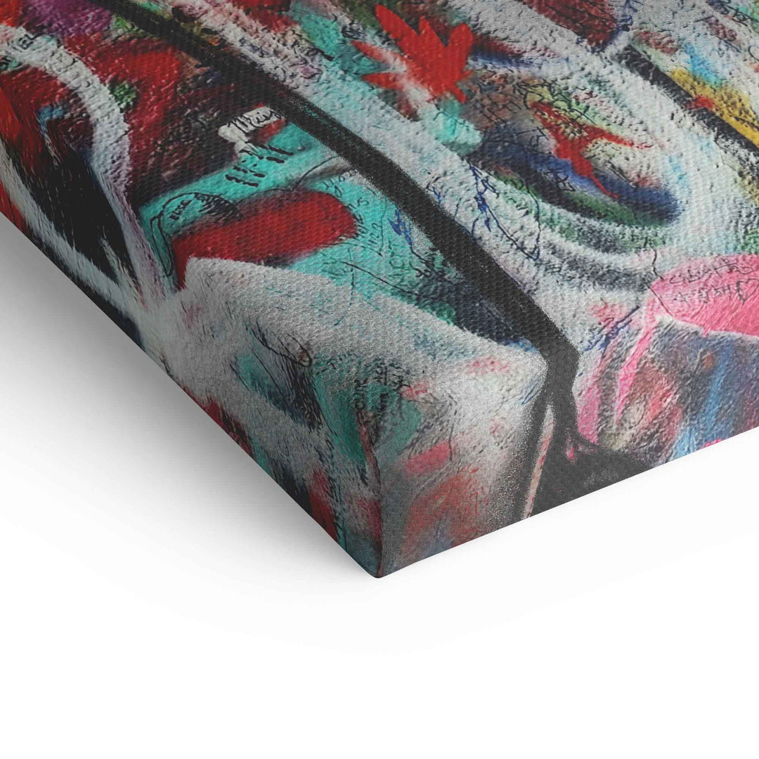 Detailansicht eines Pop Art Wandbilds auf Leinwand mit buntem abstraktem Muster