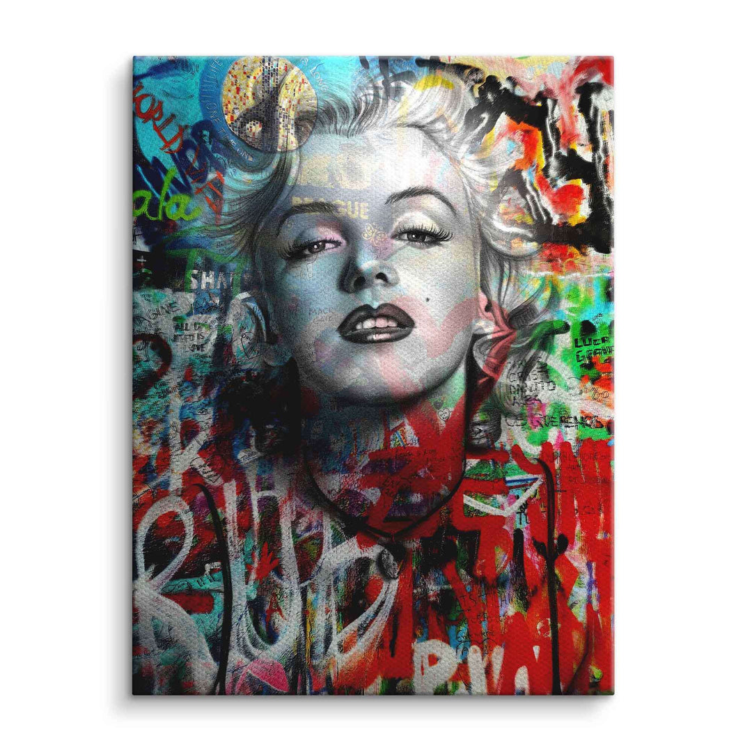 Pop Art Wandbild mit ikonischem Frauenporträt, bunte Graffiti-Elemente auf Leinwand