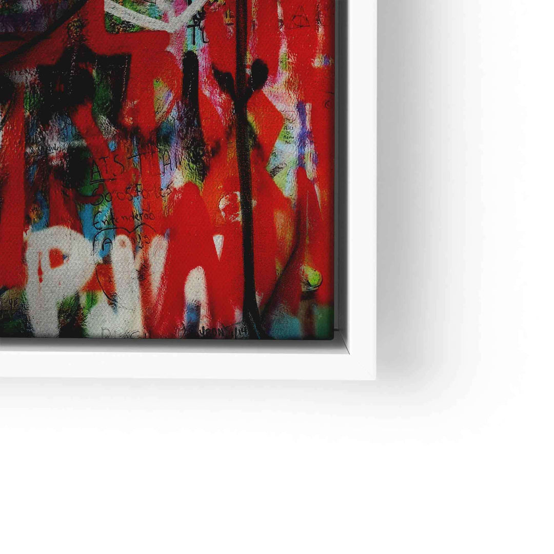 Modernes Pop Art Wandbild mit bunten, abstrakten Graffiti und rotem Hintergrund im weißen Rahmen