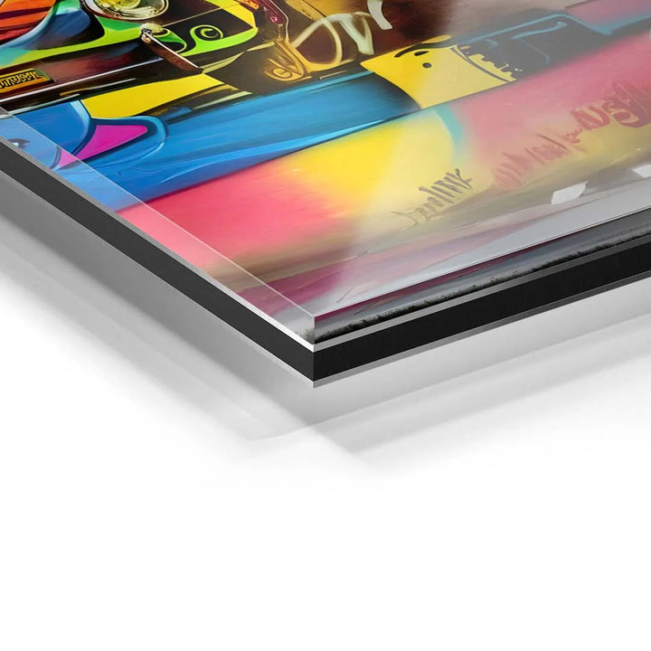 Detailansicht Acrylglas Wandbild buntes Porsche Cabrio Kunstwerk