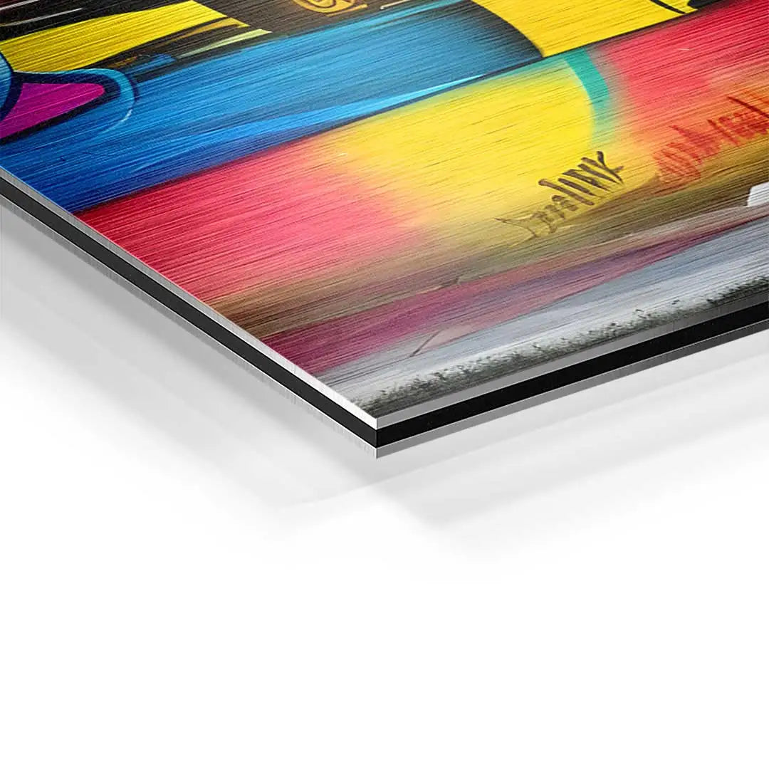 Detailaufnahme buntes Wandbild auf Aluminium mit gebürsteter Oberfläche