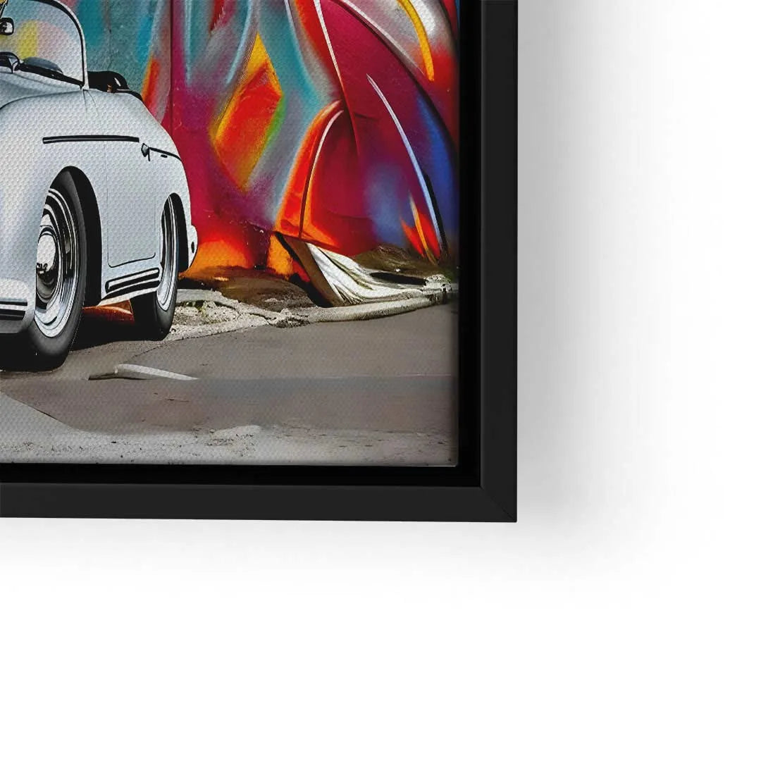 Wandbild mit weißem Cabrio und bunter Graffiti-Streetart, moderner Kunstdruck