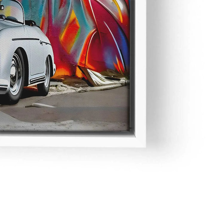 Wandbild mit weißem Porsche Cabrio vor bunter Graffiti-Wand, moderne Kunst