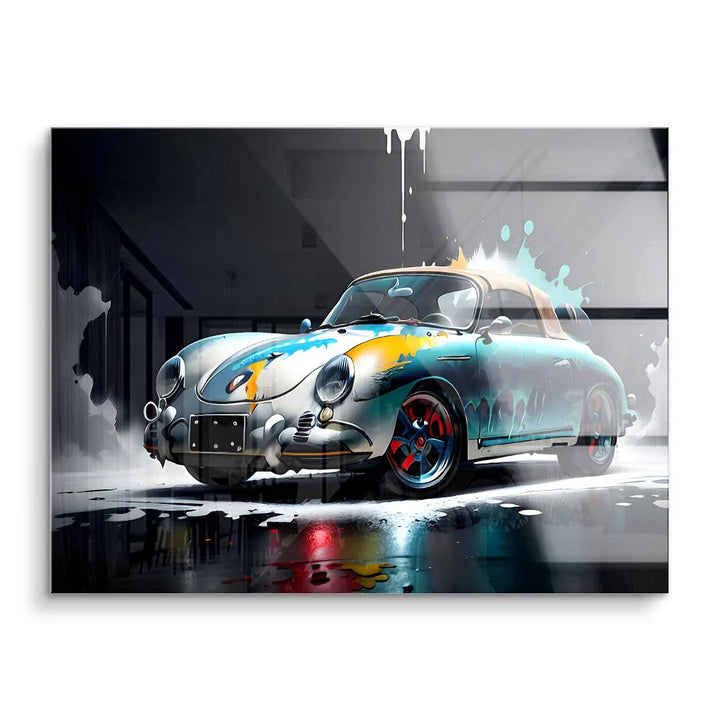 Modernes Wandbild mit Porsche 356 Oldtimer, bunte Farbspritzer auf Acrylglas