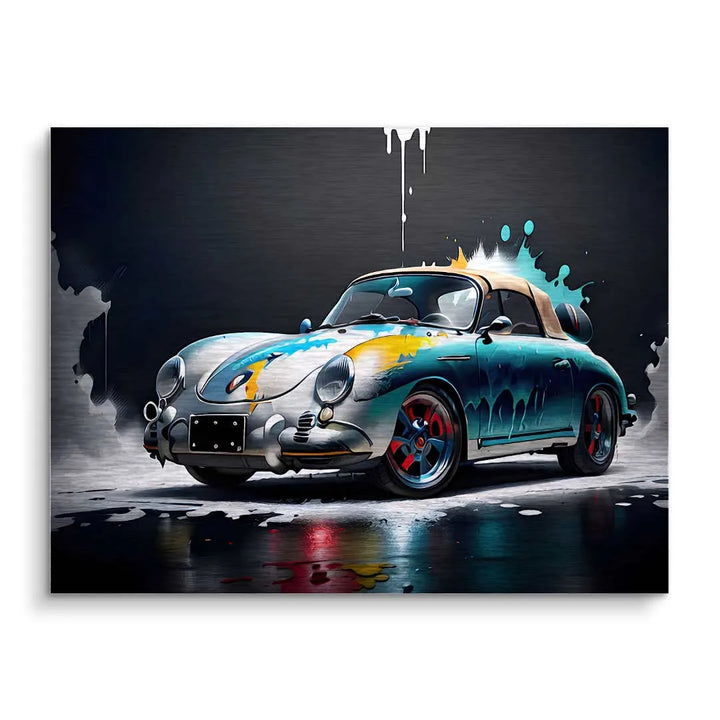 Kunst Wandbild klassischer Porsche 356 mit bunter Farbspritzer-Optik auf dunklem Hintergrund