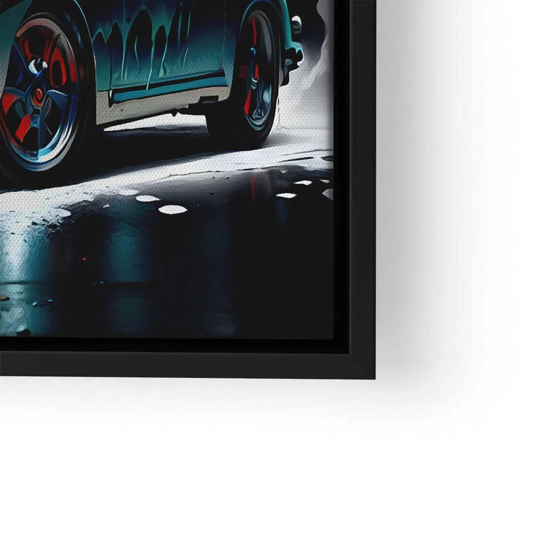 Modernes Wandbild mit stilisiertem Porsche-Auto in Schwarzrahmen, glänzender Effekt