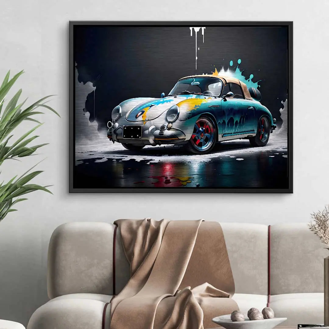 Modernes Wandbild mit klassischem Porsche 356 in buntem Farbdesign über Sofa