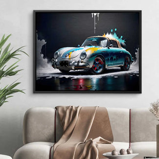 Modernes Wandbild mit klassischem Porsche 356 in buntem Farbdesign über Sofa