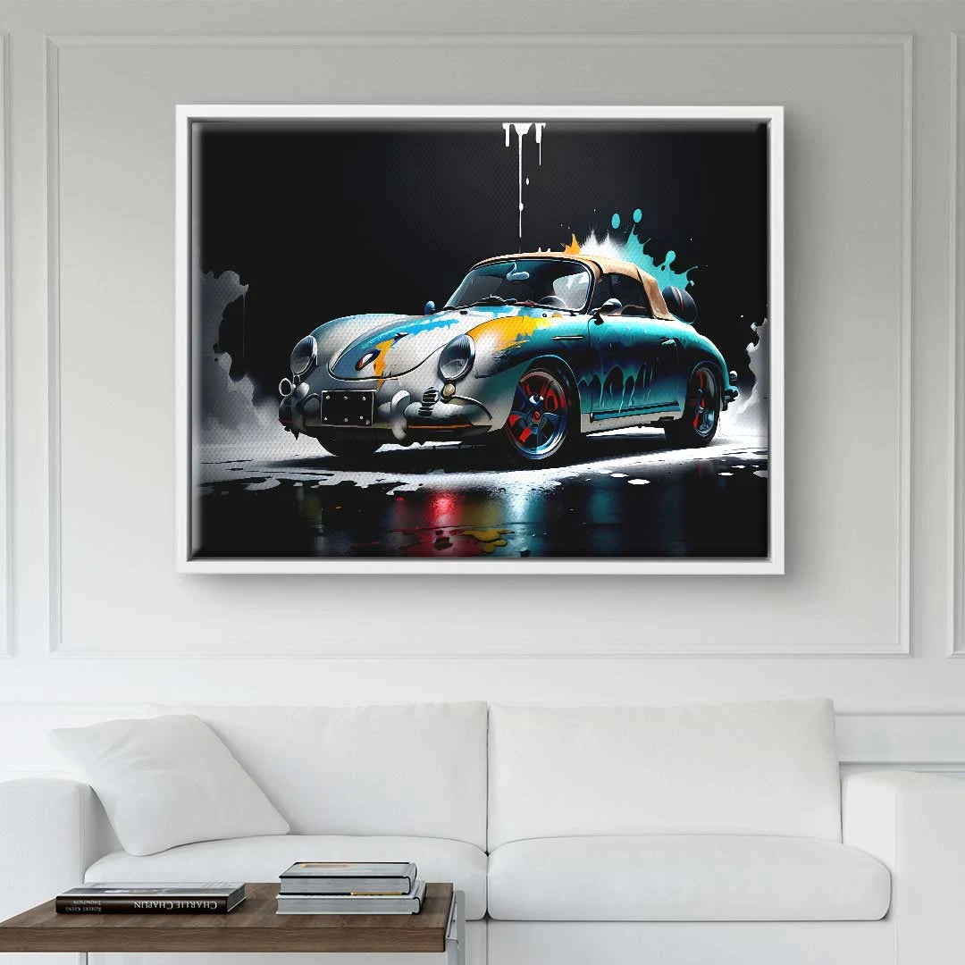 Wandbild mit klassischem Porsche 356 im bunten, modernen Kunststil an weißer Wohnzimmerwand.