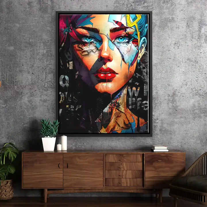 Modernes Wandbild mit Pop Art Frauengesicht in leuchtenden Farben im Wohnzimmer