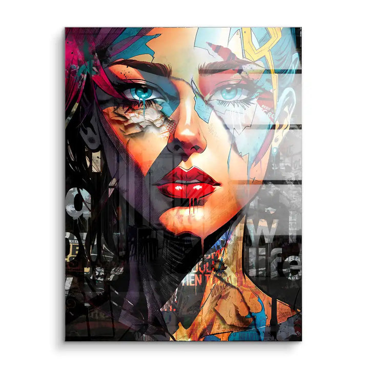 Modernes Acryl-Wandbild mit Pop Art Frauengesicht, leuchtende Farben und urbaner Collage-Stil