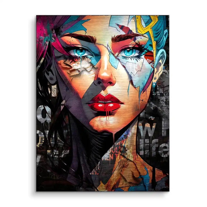 Modernes Wandbild mit Pop-Art-Porträt einer Frau, bunte Farben, künstlerische Details