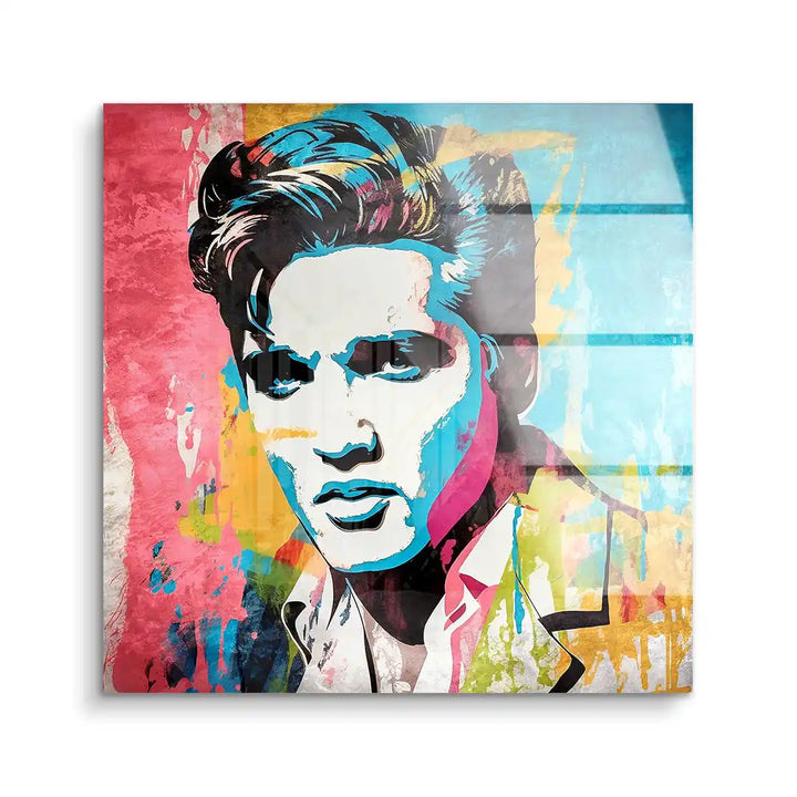 Pop Art Wandbild mit Porträt eines Mannes auf buntem Acrylglas, modernes Kunstbild