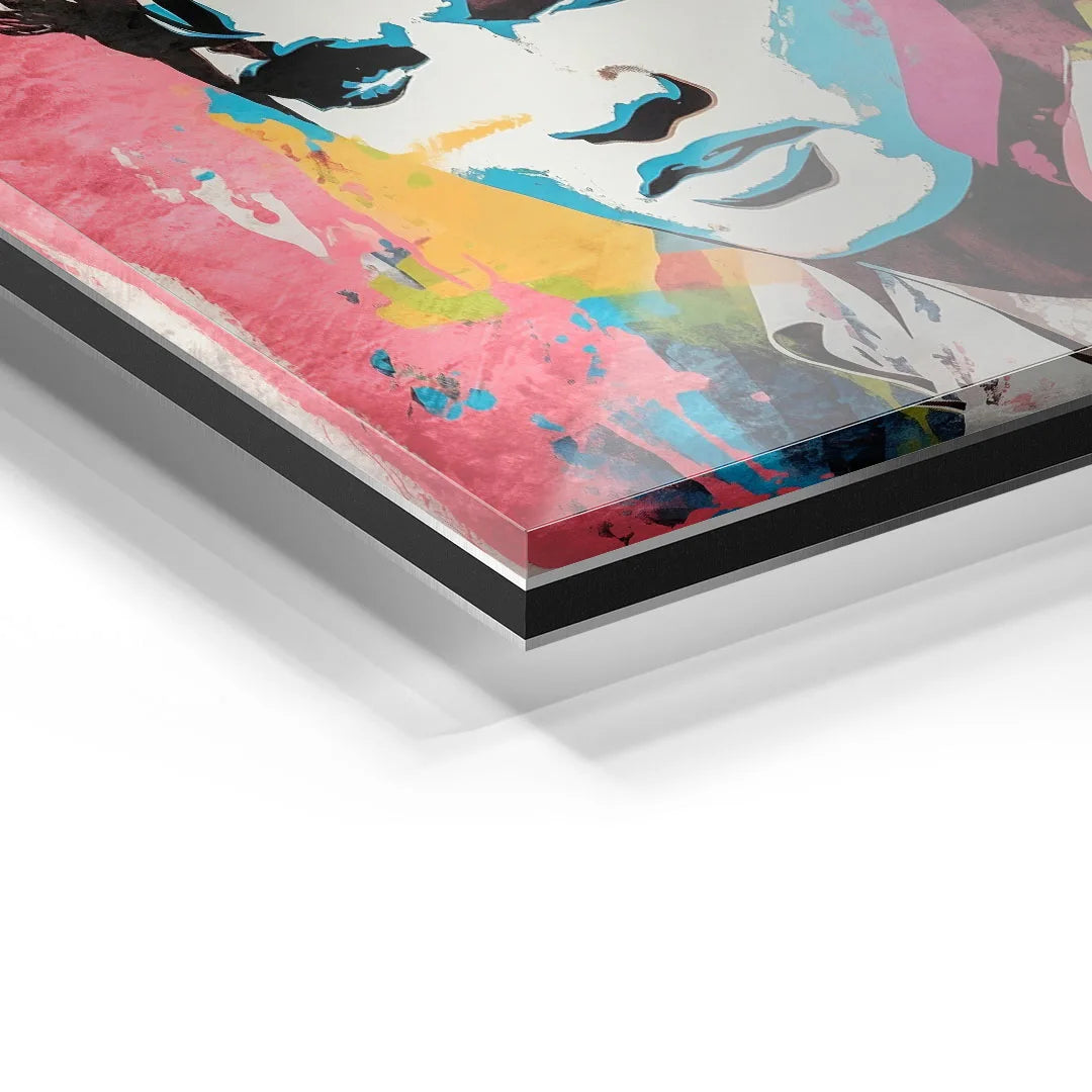 Modernes Wandbild auf Acrylglas mit Pop Art Porträt und bunten Farben, Detailansicht