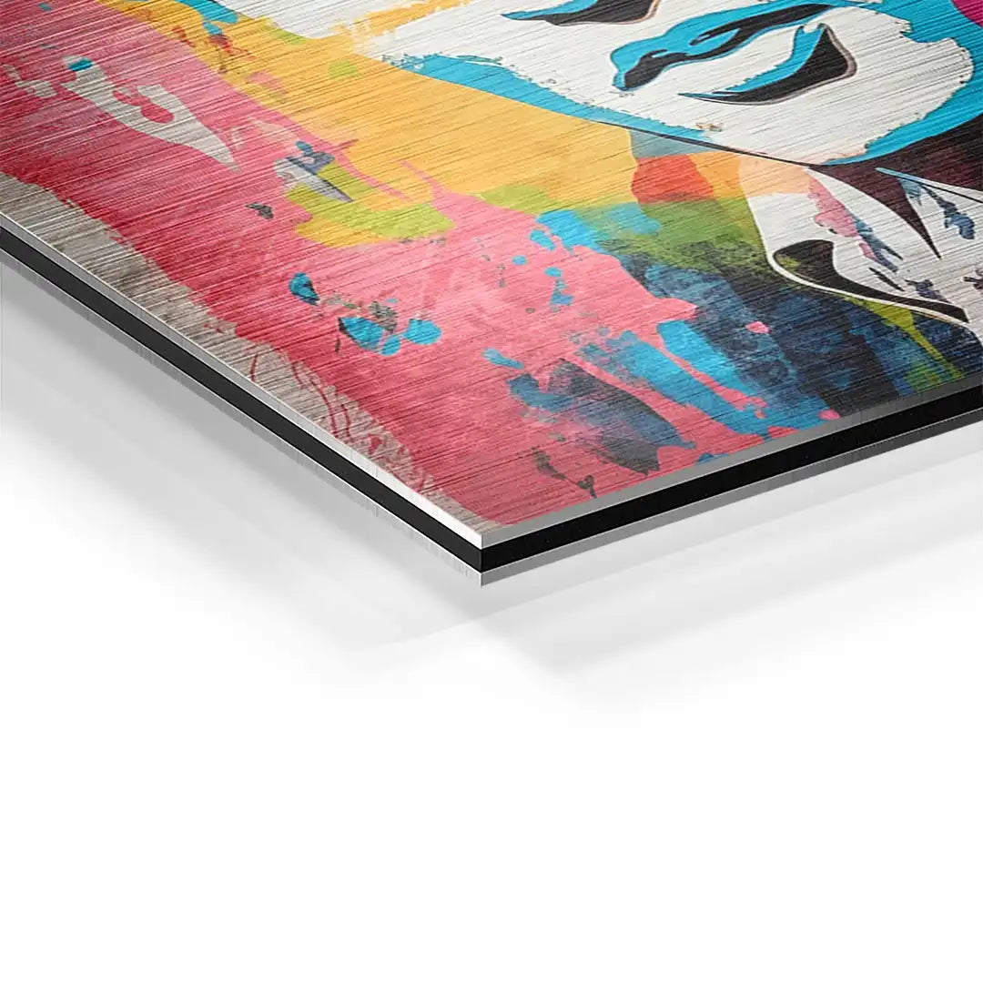 Detailansicht modernes Wandbild auf Aluminium mit farbenfrohem Pop Art Design und gebürsteter Oberfläche