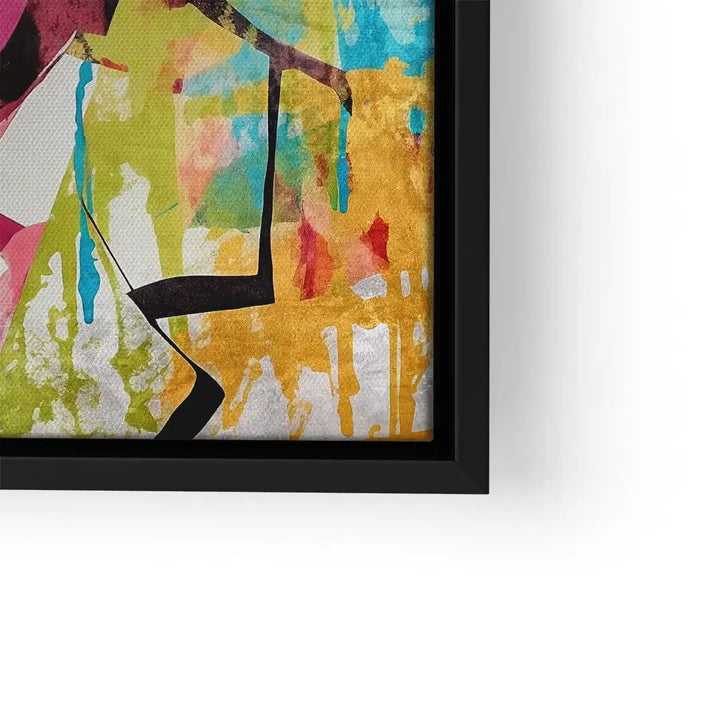 Buntes abstraktes Wandbild mit schwarzen Konturen, moderne Kunst auf Leinwand im schwarzen Rahmen