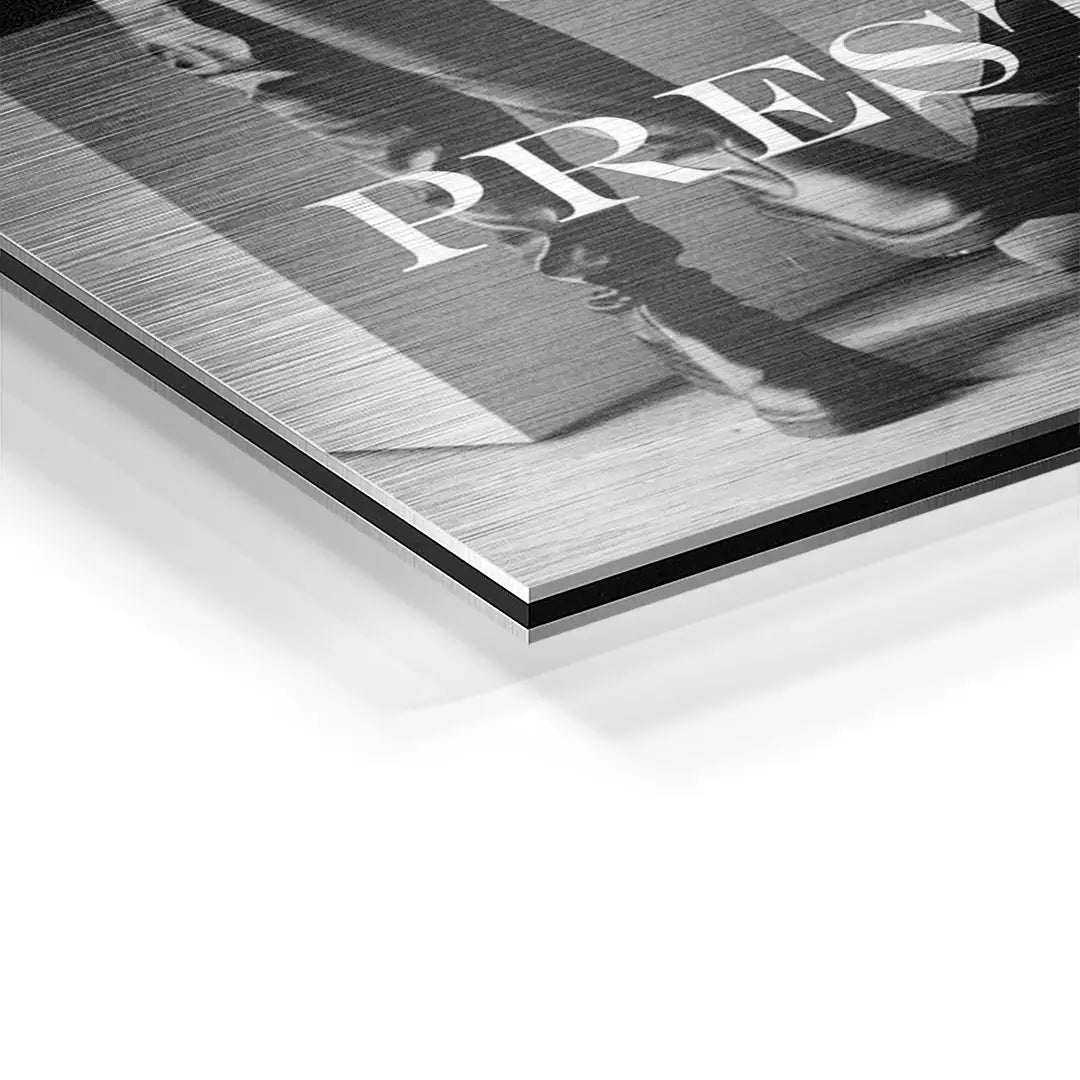 Detailansicht eines modernen Wandbilds auf gebürstetem Aluminium, elegante Schwarz-Weiß-Optik