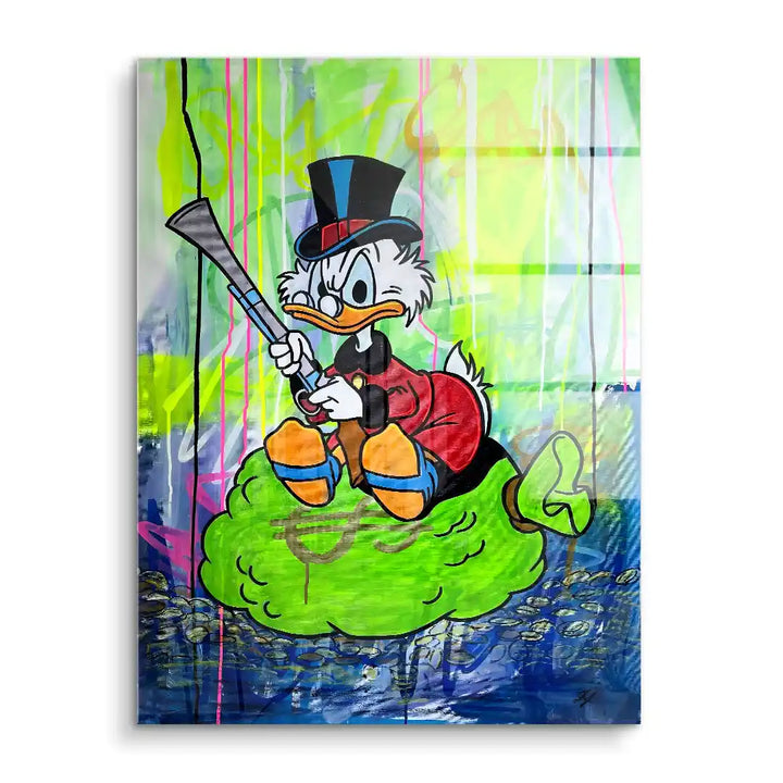 Buntes Wandbild mit Comic-Ente auf grünem Geldsack, abstrakter Hintergrund, Pop Art Kunst.