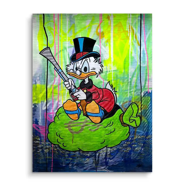 Buntes Wandbild im Comic-Stil mit Ente im Frack, Zylinder und Gewehr auf grünem Hintergrund.