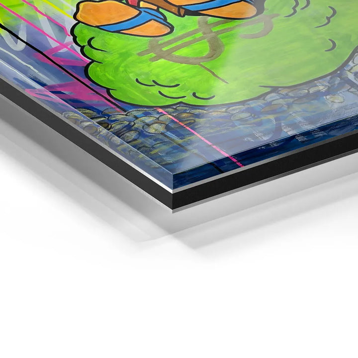 Detailansicht Acrylglas-Wandbild mit bunter Comic-Illustration, grüner Wolke und Dollarsymbol