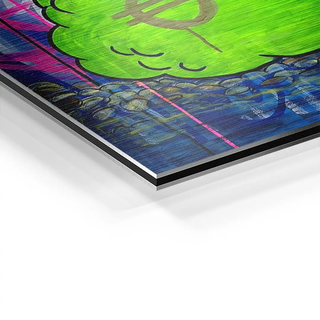 Detailaufnahme Wandbild auf Aluminium mit buntem, abstraktem Kunstmotiv und grüner Fläche