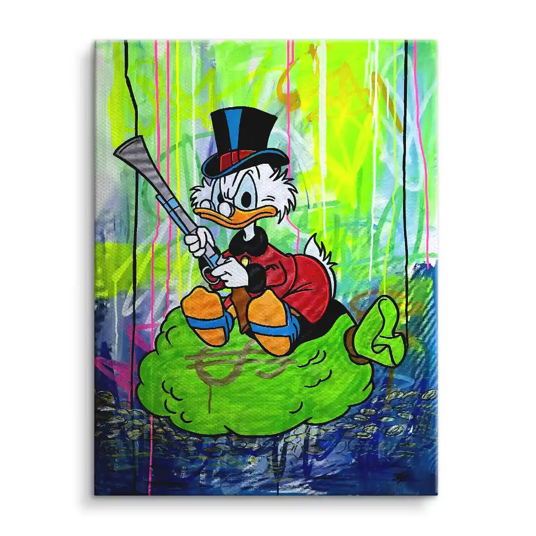 Buntes Wandbild mit Comic-Ente auf grünem Geldsack, moderner Pop Art Stil, leuchtende Farben