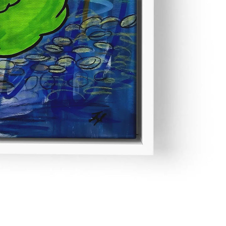 Ausschnitt modernes Wandbild mit grünem Element auf blauem Hintergrund, Kunst auf Leinwand