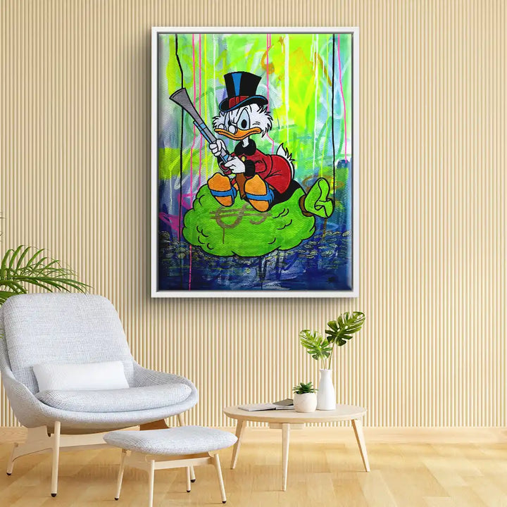 Pop Art Wandbild mit Comic-Ente, leuchtende Farben, modernes Wohnzimmer, Kunst Inspiration