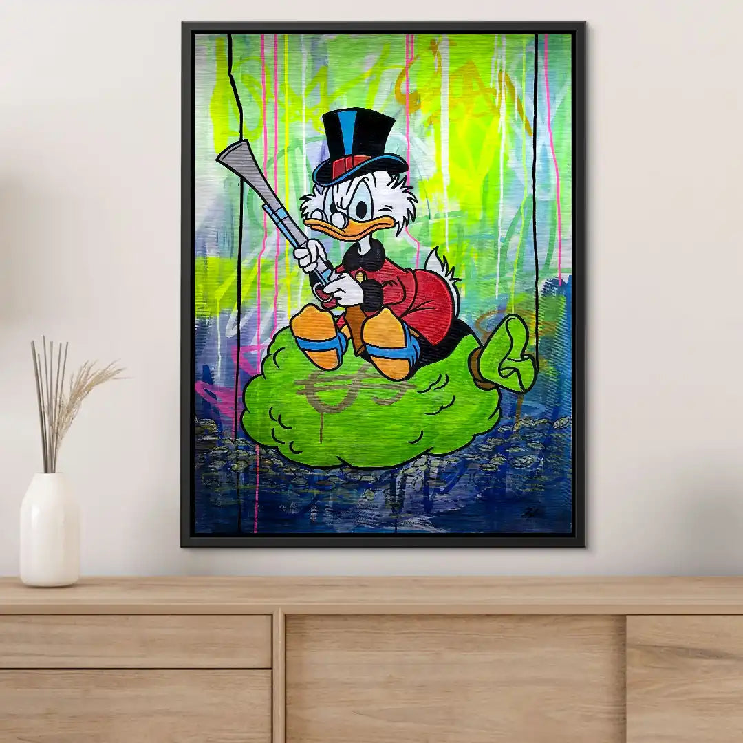 Modernes Wandbild mit Comic-Ente auf grünem Stuhl, bunte Pop Art für Wohnzimmer