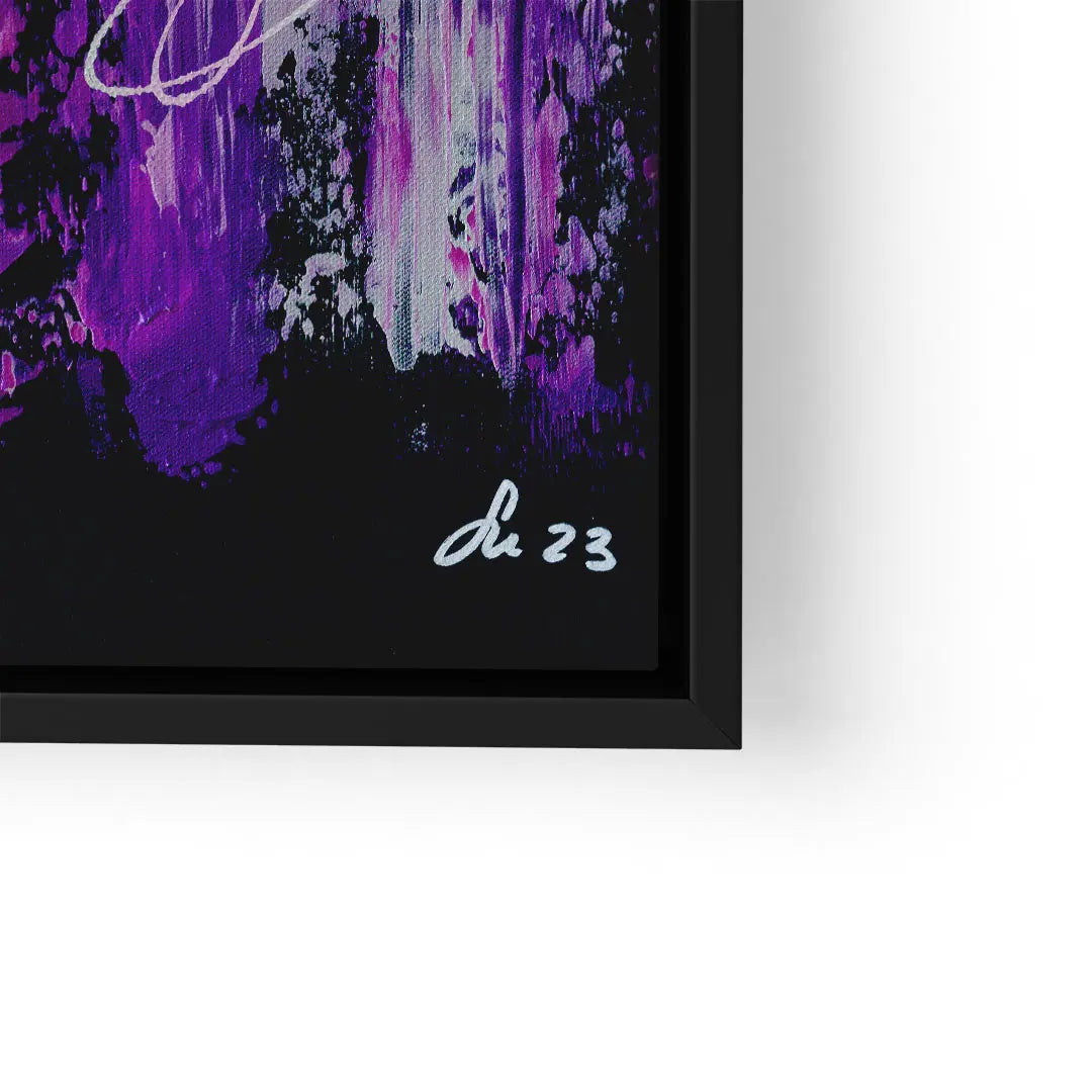 Modernes Wandbild mit lila Blumen, abstrakte Kunst auf Leinwand im schwarzen Rahmen