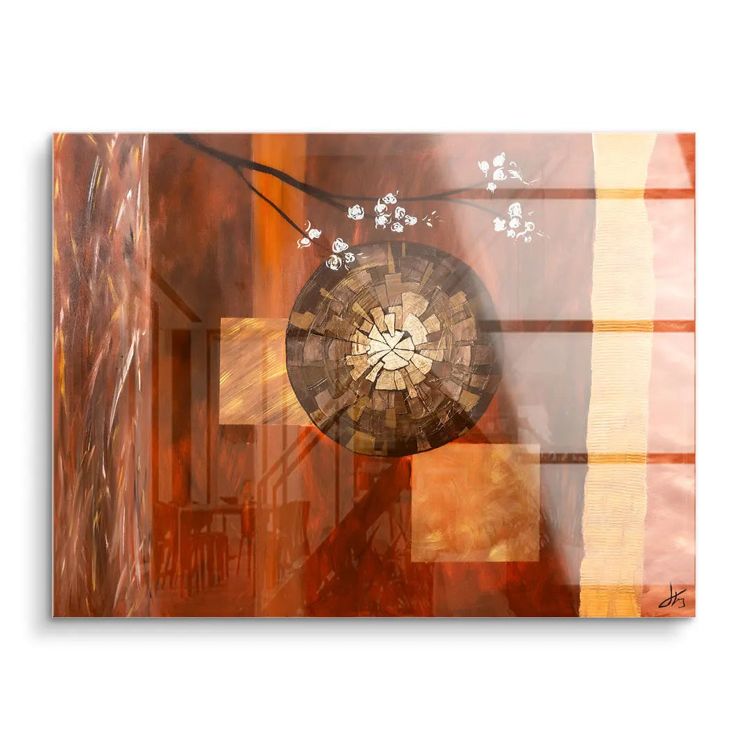 Modernes Acryl Wandbild mit abstrakten Mustern, Holzstruktur und Blütenzweig in warmen Braun- und Orangetönen.