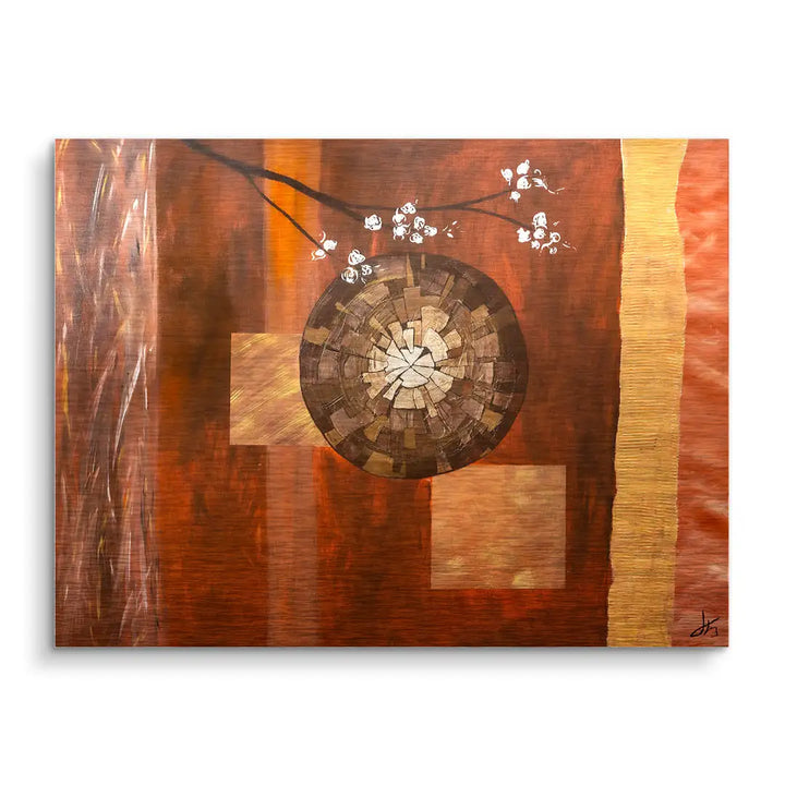 Abstraktes Wandbild in warmen Braun- und Orangetönen mit geometrischen Formen, Blütenzweig und Puzzle-Optik