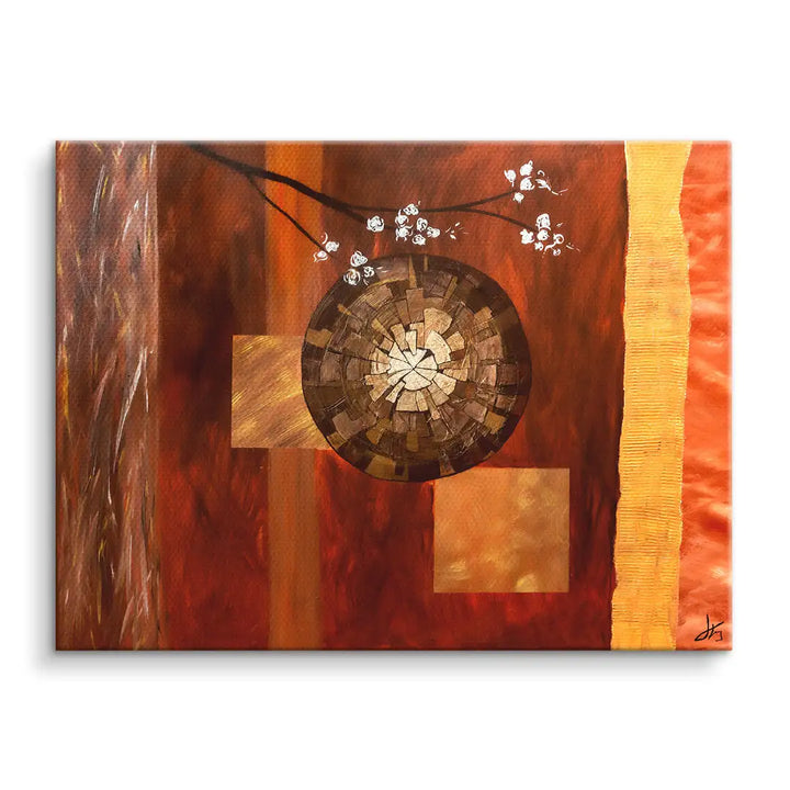 Abstraktes Wandbild mit geometrischen Formen, Baumzweig und Blumen auf rot-braunem Hintergrund